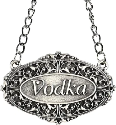 Etiqueta de metal personalizada para botella de vodka con etiqueta para decantador de licor de peltre Heritage con cadena ajustable